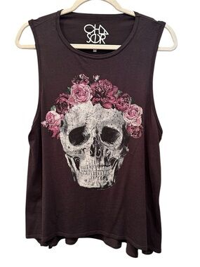 Chaser Floral Skull Graphic Tank Top Grunge Biker Festival Goth Dark Floral Sz M